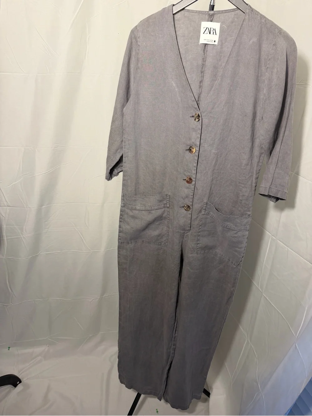 ZARA Light Gray Linen Button Front Jumpsuit